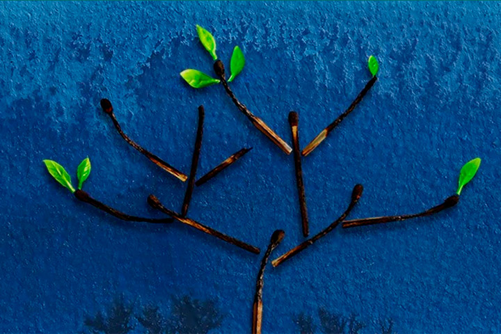 Eine Grafik zeigt einen Baum, der aus verbrannten Streichhölzern besteht. An ihm wachsen einige kleine, grüne Blätter.