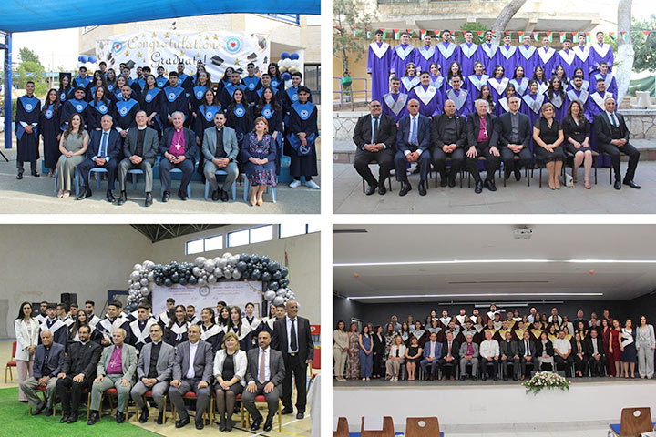 Vier Gruppenbilder mit zwei bi drei dutzend Abiturienten im Talar. Im Vordergrund Bischof Azar, die Schulleitung und geistliche der ELCJHL.