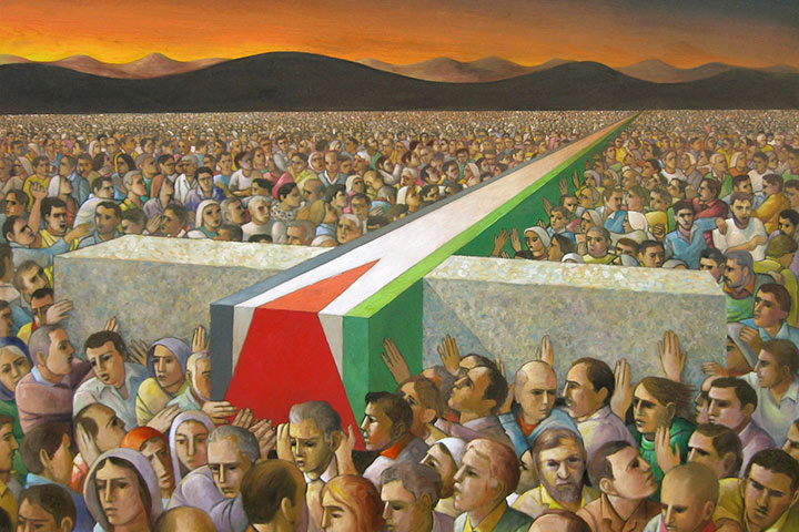 Das Gemälde „Rituale unter der Besatzung“ (1989) von Sliman Mansour zeigt eine Menschenmenge, die ein riesiges Steinkreuz mit aufgemalter palästinensischer Flagge wie einen Sarg trägt. 